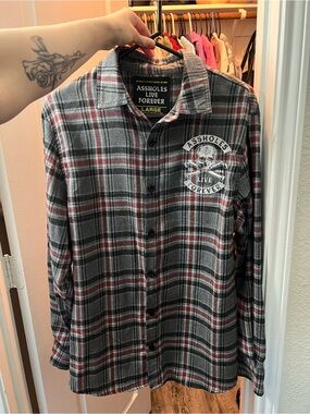Assholes Live Forever Men's Gray & Red Plaid Button-Down Shirt